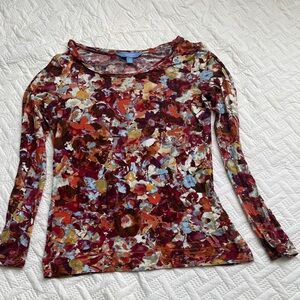 Simply Vera Vera Wang Long Sleeve Floral Scoop Neck Top in Burgundy, Rust, Blue
